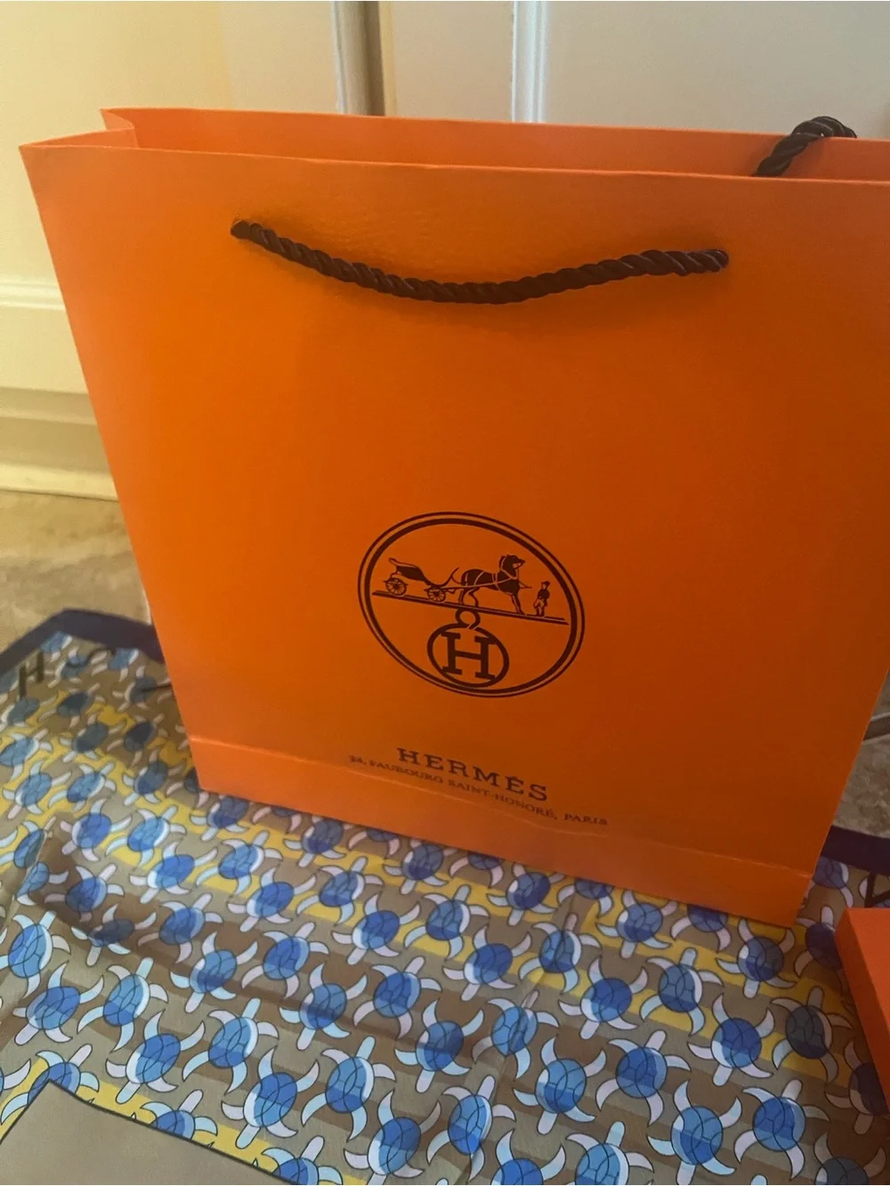 Hermès Yellow, Blue Scarf with Carriage Motif turtles 100% silk w/box bag tags